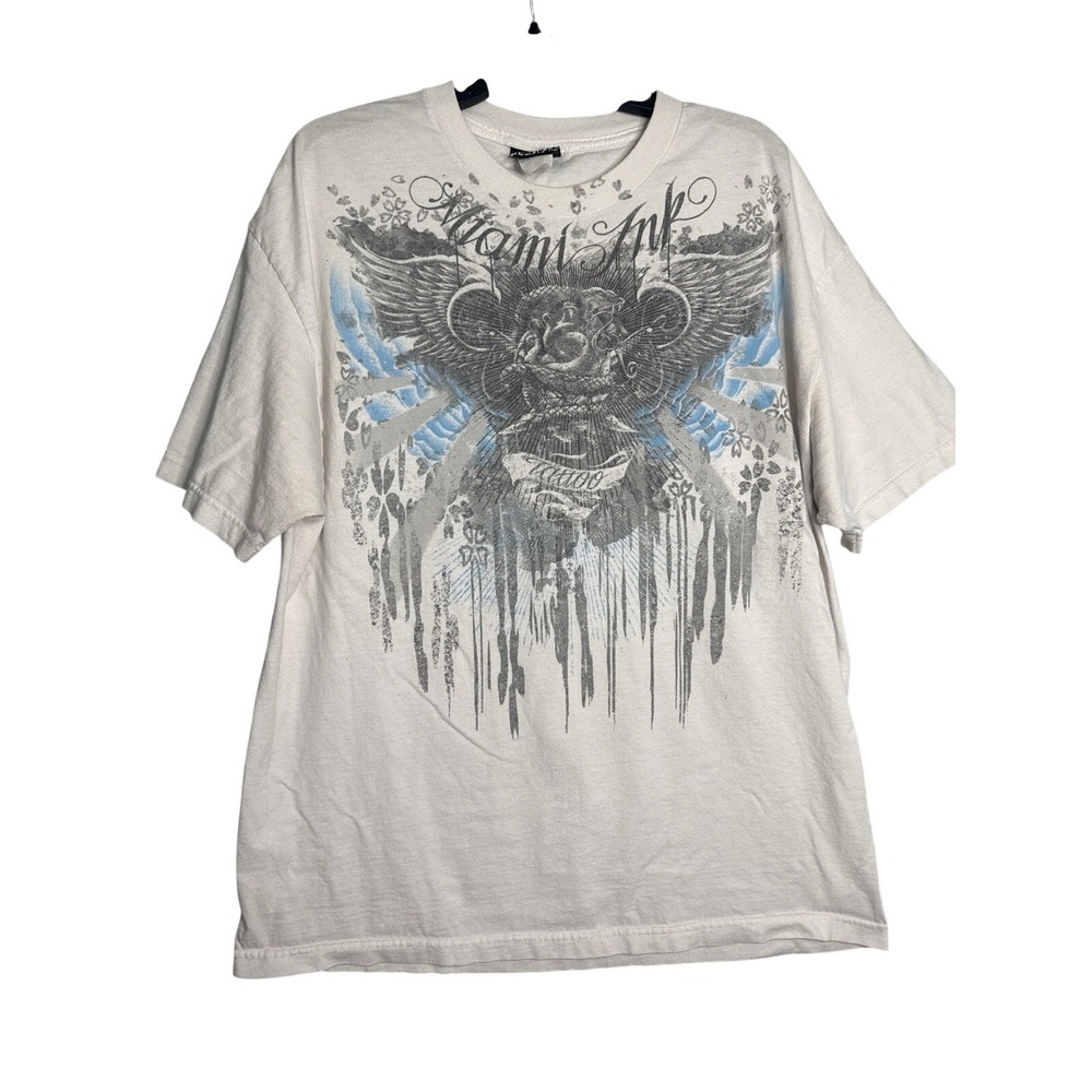 Miami Ink Graphic T Shirt Mens XL White Tattoo Wings Biker Y2K